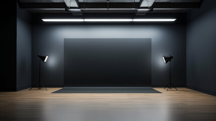 Sleek professional photo studio with dark grey backdrop and spotlighting. Portrait photography concept. Generative AI