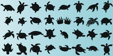 Tortues, silhouettes, turquoise, fond - Collection variée de tortues élégantes et modernes sur un fond turquoise. Représente la nature, l’océan, la mer, la faune aquatique.Idéal pour le graphisme - obrazy, fototapety, plakaty