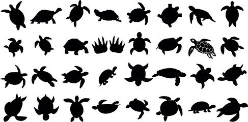 turtle silhouettes Vector illustration, perfect for wildlife education and preservation campaigns. Distinct poses and species, print-ready and digitally usable. Ideal for graphic design projects