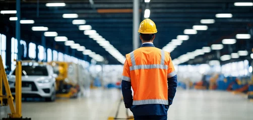 Fotobehang back view of a Engineer on a blurred factory with automotive vehicles background, studio quality, high focus, high quality photo, selective focus © Syed