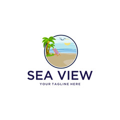
 sea shore window view logo vector suit for beach travel company, High Tide Sea logo design. Abstract wave vector illustration with moon and sun scenes. Vintage logo design vector line icon template