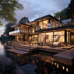 Obraz premium 3d rendering of modern house by the river at evening