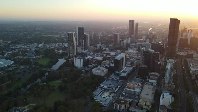 Aerial drone view of Parramatta cbd in Sydney, NSW Australia during a morning sunrise in December 2023