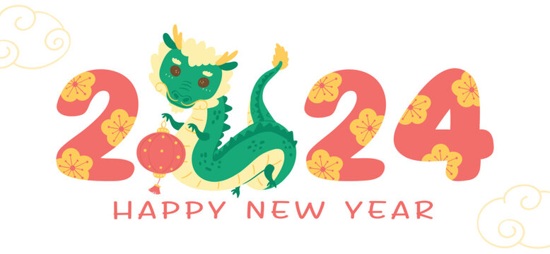 Chinese New Year 2024 Cute Baby Dragon Cartoon Character Banner
