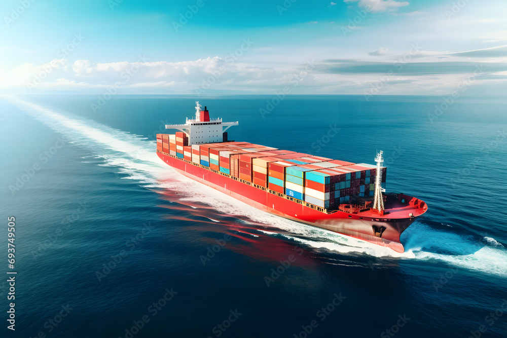 Wall mural large red cargo ship, laden with containers, ship is carrying several containers