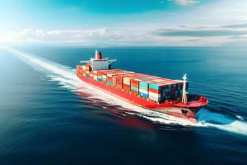 large red cargo ship, laden with containers, ship is carrying several containers - obrazy, fototapety, plakaty