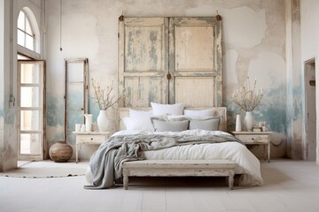 A tranquil shabby chic bedroom retreat adorned with distressed furniture and modern abstract art, creating a timeless and elegant atmosphere