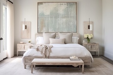 A tranquil shabby chic bedroom retreat adorned with distressed furniture and modern abstract art