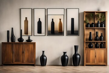 Beige Wall, Black Decorative Vases, and Art Poster in a Minimalist Interior - obrazy, fototapety, plakaty