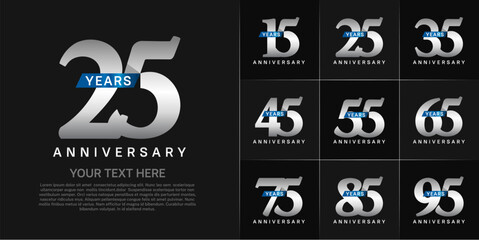 Set of Anniversary Logotype with blue ribbon, silver color can be use for special day celebration - obrazy, fototapety, plakaty