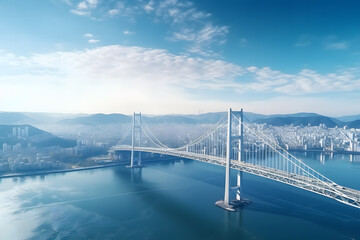  majestic suspension bridge spanning across a wide river, connects two parts of a capital city with a dense cityscape of skyscrapers - obrazy, fototapety, plakaty