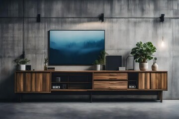 Modern Living Room Interior with Wooden Cabinet, Dresser, and Empty Poster Frame