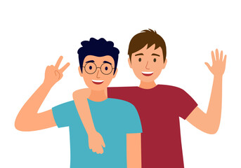 Two men, best friends embracing. Happy male characters, interracial bros hugging together. Young smiling guys portrait. Friendship.