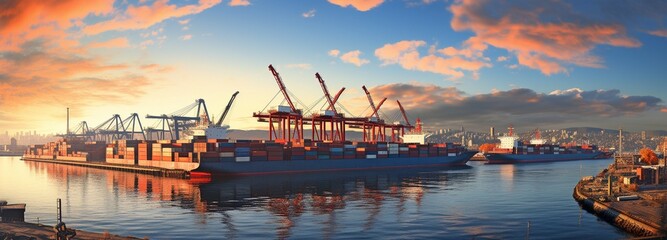 A container terminal in a commercial port equipped with cranes.