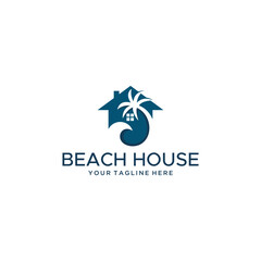 Beach house vector logo with modern concept design, illustration of Palm Tree and house as beach house symbol for homestay and tourist accommodation, Royalty Free Beach House Logo Design, Real Estate