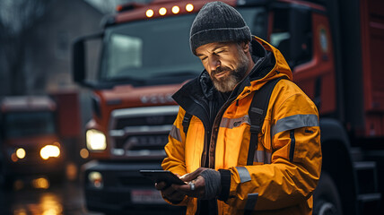 Man in uniform operating a dump truck while controlling the loading of coal or goods with a tablet computer.