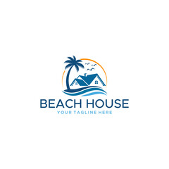 Fototapeta na wymiar Beach house vector logo with modern concept design, illustration of Palm Tree and house as beach house symbol for homestay and tourist accommodation, Royalty Free Beach House Logo Design, Real Estate