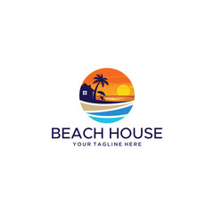 Beach house vector logo with modern concept design, illustration of Palm Tree and house as beach house symbol for homestay and tourist accommodation, Royalty Free Beach House Logo Design, Real Estate