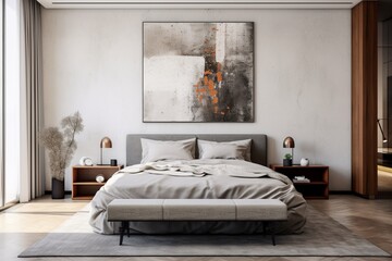 A bedroom with minimalist furniture, vibrant artwork, and a touch of industrial decor, creating a serene and stylish retreat