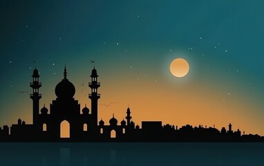 Happy Ramadan poster. Gradient sky, mystery, copy space. Black sophisticated silhouette. Islamic holiday banner with muslim temple, moon, mosque silhouette on orange night background. AI Generative.