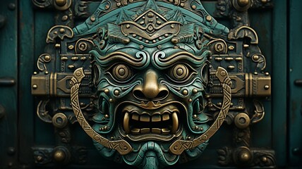 A human-faced metal door knocker.