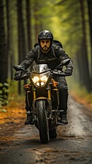 Fototapeta premium Motorcyclist on a bespoke, elegant motorcycle on an asphalt road in a forest, wearing motorcycle apparel and a helmet.