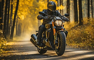 Motorcyclist on a bespoke, elegant motorcycle on an asphalt road in a forest, wearing motorcycle apparel and a helmet.