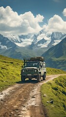 Naklejka premium On a steep mountain pass, an off-road 4x4 vehicle.
