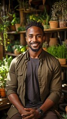 African American man in portrait utilising a digital tablet computer while seated at a wooden desk surrounded by botanical plants and grinning at the camera .
