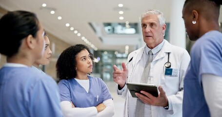 Hospital, teamwork and doctors and nurse on tablet for online report, consulting and diagnosis advice. Healthcare, clinic and man with medical students for research, discussion and collaboration - Powered by Adobe
