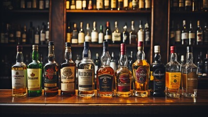Several alcoholic beverages on display in a bar. - obrazy, fototapety, plakaty