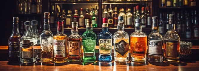 Several alcoholic beverages on display in a bar.