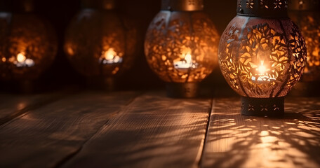 Arabian lantern on wooden floor. Eid lamp or lantern for Ramadan and other Islamic Muslim holidays, with copy space for text - obrazy, fototapety, plakaty