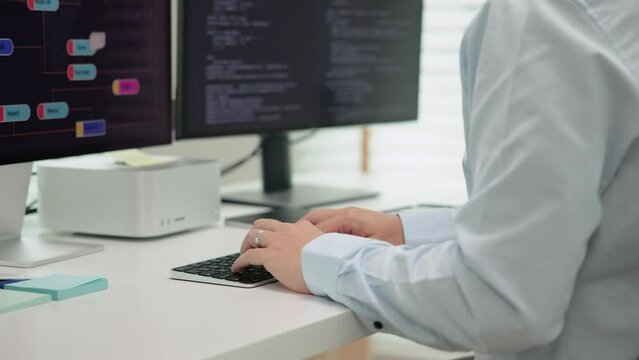 Smart AI cyber bot IT deep tech tools help write prompt python code web screen. Asia people asian man typing busy work predict big data mining center office upskill STEM expert skill job coder course.