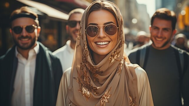 Arabs In Kandura Strolling In A Business Area. Wearing Dish Dashas, Arab Businesspeople Stroll Around The Downtown Streets. Middle Eastern Woman With An Arabian Grin Strolling And Conversing.