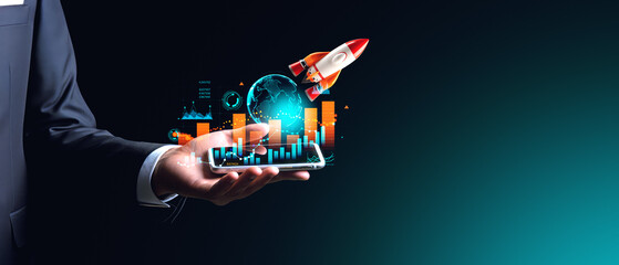 Man hand with phone, stock market graph with rocket. Ai generative illustration - obrazy, fototapety, plakaty