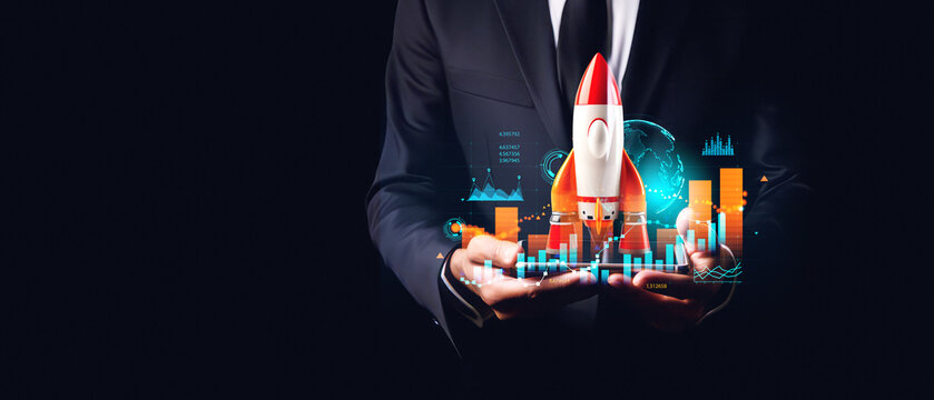 Man using phone, stock market graph with rocket. Ai generative illustration