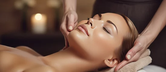 Poster Salon de massage woman is receiving a therapeutic head massage.