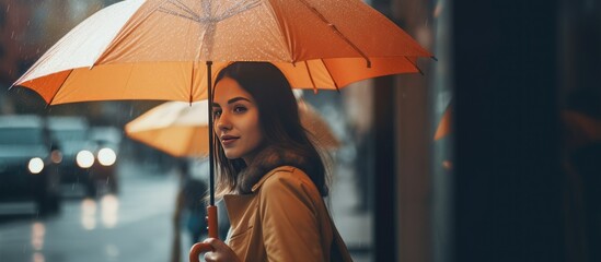 beautiful woman posing using an umbrella in the rain.