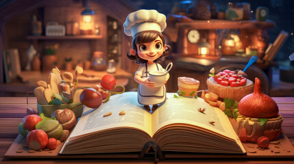 3d cartoon character of small girl chef holding a book in hands and staying on the huge cooking book with ingredients in a magic kitchen interior