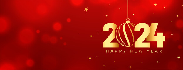 happy new year 2024 shiny banner with hanging xmas bauble - obrazy, fototapety, plakaty