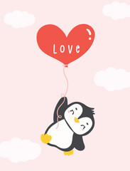 Penguin Valentine with heart balloon cartoon animal hand drawing illustration.