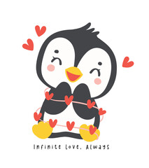 Cute baby penguin Valentine with heart cartoon animal hand drawing illustration.
