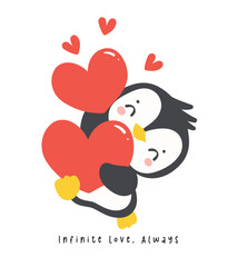 Cute baby penguin Valentine with heart cartoon animal hand drawing illustration.
