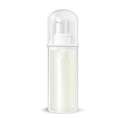 A transparent bottle sample with white pump and a transparent cap