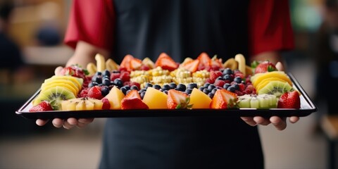 A tray filled with colorful fruits and pastries is being carried by a waiter