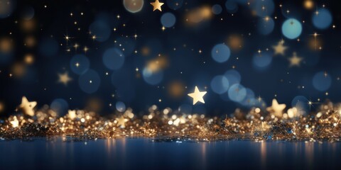 Christmas and New Year festive background. Golden stars and gilded ribbons on dark blue background with copy space for text. The concept of Christmas and New Year holidays
