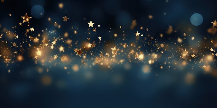 Template banner coupon with copy space for Christmas or New Year greeting with bright and shimmering golden sparkling elements magical atmosphere bokeh and bling on dark blue background
