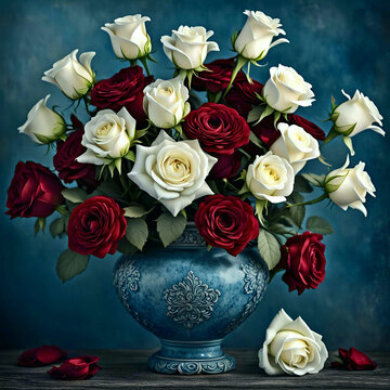 Roses in blue vase on rustic table top with blue portrait style background