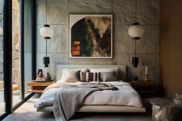 A bedroom with a blend of textured fabrics, modern lighting, and a gallery wall featuring eclectic artwork, making it a personalized and stylish retreat